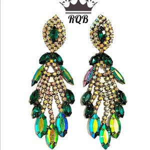 Blue Green and Clear Chandelier Earrings Pageant